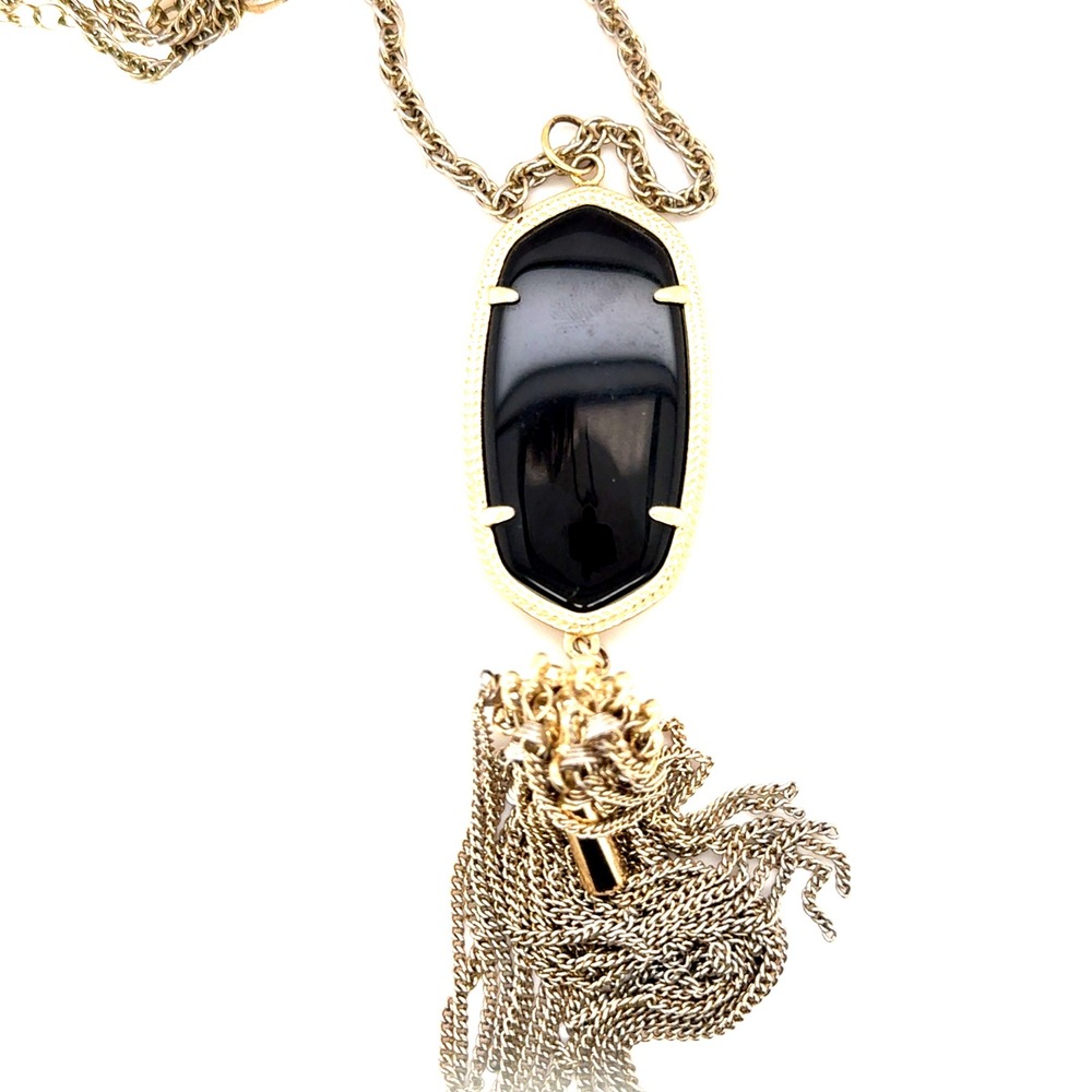 Kendra Scott Rayne Long Tassel Pendant Necklace Gold Tone Black Opaque Stone
